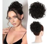 Postiches et extensions à l'aspect naturel, Chignon épais ondulé et décoiffé en cheveux humains véritables, idéal for un usage quotidien.,Extensions de queue de cheval à clipser en cheveu(Brown Black