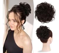 Postiches et extensions à l'aspect naturel, Chignon épais ondulé et décoiffé en cheveux humains véritables, idéal for un usage quotidien.,Extensions de queue de cheval à clipser en cheveu(Dark Brown)