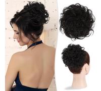 Postiches et extensions à l'aspect naturel, Chignon épais ondulé et décoiffé en cheveux humains véritables, idéal for un usage quotidien.,Extensions de queue de cheval à clipser en cheveu(Dark Black)