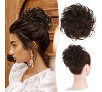 Postiches et extensions à l'aspect naturel, Chignon épais ondulé et décoiffé en cheveux humains véritables, idéal for un usage quotidien.,Extensions de queue de cheval à clipser en cheveu(Brown)