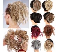 Postiches et extensions à l'aspect naturel, Chignon synthétique en désordre, queue de cheval enroulée,Extensions de queue de cheval à clipser en cheveu(Light gold and white variegations)