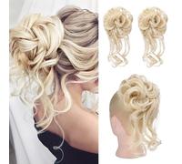 Postiches et extensions à l'aspect naturel, Lot de 2 extensions de cheveux bouclés et ondulés for chignon décoiffé,Extensions de queue de cheval à clipser en cheveu(Chestnut white variegated)