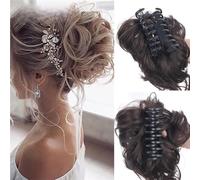 Postiches et extensions à l'aspect naturel, Perruque chignon en désordre 25 cm avec fermoir, longue barbe et style vent paresseux,Extensions de queue de cheval à clipser en cheveu(Light brown)