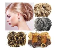 Postiches et extensions à l'aspect naturel, Postiche chignon bouclé synthétique à clipser for femme avec peignes et chouchous,Extensions de queue de cheval à clipser en cheveu(Brown white variegation