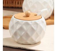 Pot à assaisonnement en céramique avec cuillère, couvercle en bois pour sauce soja, sel et chili - Outil de rangement de cuisine