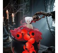 Pot à bulles en forme de crâne avec chaudron d'Halloween éclairé et globe oculaire pour fête sur le thème de la sorcière et présentation à la maison (rouge)