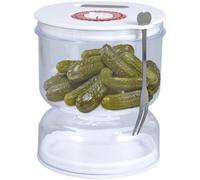 Pot à Cornichon Sablier 200ml Forme de Sablier Pot Cornichon Retournable avec Flip Passoire et Fourchette Bocal Cornichon Retournable pour Olives Cerises Marasquin Jalapeno