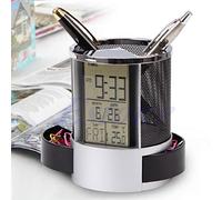 Pot à crayons numérique LCD avec réveil en maille - Organiseur de bureau - Affichage de la température et de l'heure - Calendrier scolaire - Papeterie - Cadeau décoratif