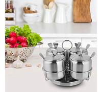 Pot à épices en Acier Inoxydable avec Support de Rangement | Matériau durable, couvercle de poignée confortable, cuillère facile à utiliser, quatre pots inclus