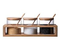 Pot à épices, Ensemble de pots à épices en verre transparent avec couvercle, support bois, salière, bouteille, récipient, récipients stockage d'épices