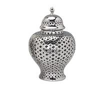 Pot à gingembre ajouré traditionnel avec couvercle, pot décoratif en céramique sculptée de style temple, vases ajourés pour la décoration intérieure, doré - 28 cm x 16 cm (argenté - 28 cm x 16 cm