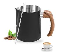 Pot à lait Barista en acier inoxydable 600 ml avec mesure de mesure, aiguille à fleurs, main grain de bois, pot à lait en acier inoxydable anti-gouttes pour cafés, restaurants, bars (noir)