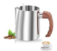 Pot à lait Barista en acier inoxydable 600 ml avec mesure de mesure, aiguille à fleurs, main grain de bois, pot à lait en acier inoxydable anti-gouttes pour cafés, restaurants, bars (argenté)