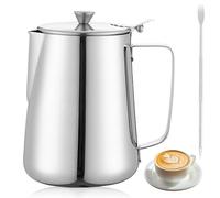 Pot à lait de 600 ml en acier inoxydable avec couvercle, pot à mousse de lait avec échelle de mesure et stylo à latte Art Pen, mousseur à lait pour cappuccino, expresso et barista