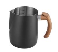 Pot à Lait En Acier Inoxydable Pichet à mousse de lait 600/900ML, avec échelle précise, manche en bois, bec sans goutte, tasse café acier inoxydable(900ML,Black)