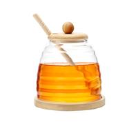 Pot a Miel Pot de Miel avec Cuillere en Bois Cuillère à Miel Distributeur de miel Pot à Miel en Bois avec Couvercle Récipient en Verre Scellé Pot à Miel à Large Ouverture 500ml