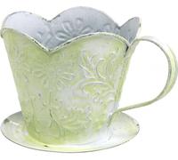Pot à plantes tasse en métal, porte-filtre à café, déco shabby chic, pot à fleurs & herbes aromatiques Vert-Blanc Ø11cm H11cm