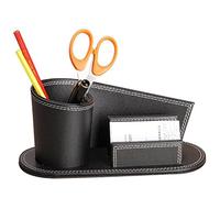 Pot Carré à Crayons Bureau en PU Cuir Multifonctionnel Boîte/Panier de Rangement Cosmétique Maquillage Stockage Cartes de Visite Porte Stylo Classique Pratique pour Bureau Maison, Noir-Rond