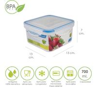 Pot carré hermétique en plastique 700 ml. 13x13x7 (H) cm.
