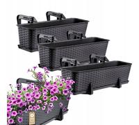 KADAX Jardinière Suspendue Extérieure 60 cm, Balconnière en Plastique Aspect Rotin avec Supports de Fixation Intégrés et Soucoupe (Anthracite, Lot de 3)