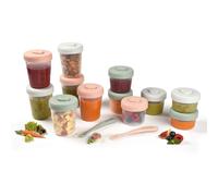 BÉABA, Lot de 12 Portions Conservation et 2 Cuillères Silicone, Clip, Pots empilables et emboîtables, 100% hermétique, Graduation, Congélation, Lait Maternel (2x90 ml & 4x150 ml & 6x250ml), Eucalyptus