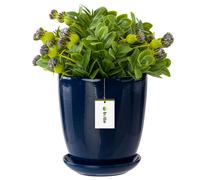 Pot de fleur bleu foncé avec soucoupe Rond 195 mm x 215 mm Surface brillant