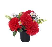 Pot de fleurs artificielles pour tombe avec chrysanthème et marguerites rouges et blanches 25 cm