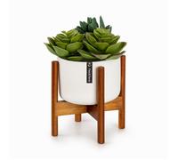 Blumfeldt Pot de fleurs Thorn – Céramique blanc, support bois d'acacia ou bambou, 2 tailles