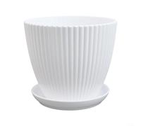 Pot de fleurs circulaire en plastique avec motif à rayures verticales, fabriqué en matériau PP résistant à la pression, livré avec trou de drainage et plateau mobile pour la gestion de l'eau (blanc)