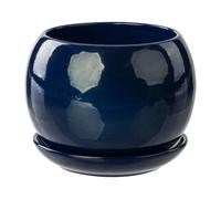 Pot De Fleur Bleu Foncé Avec Soucoupe Rond Dimensions 110 Mm X 100 Mm Surface Brillant Céramique Glamour Moderne Multicolore