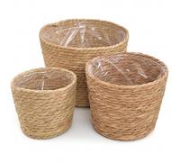 Pot de fleurs en osier 3 pièces, panier de plantes en jonc mer tissé à la main avec doublure en plastique pour plantes d'intérieur, rangement décoratif et couverture jardinière pour la maison
