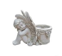 Pot de fleurs en résine avec trous de drainage pour plantes grasses et petites plantes - Décoration de jardin élégante pour intérieur ou extérieur - Blanc - 24,5 x 15,2 x 20 cm (ange gauche)