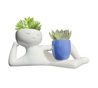 Pot de fleurs motif homme couché - Motif visage souriant - Cactus - Avec drainage - Figurine allongée - Pour intérieur et extérieur