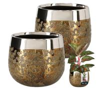 Pot de fleurs rond doré effet miroir 12,5 cm couvercle en céramique fleurs 2 pièces