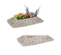 Relaxdays Pots de Fleurs, lot 2, rotin, Cache-Pots avec Plastique, HxLxP: 10 x 55 x 25 cm, bacs intérieur, Blanc-Nature