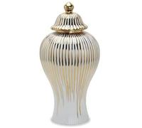Pot de Gingembre Décoratif en Céramique avec Couvercle, Vase de Temple Moderne à Rayures Dorées Électroplaquées, Jarre en Porcelaine Blanche pour Décoration d'Intérieur et Centre de Table(A,Large)
