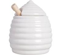 Pot de miel en céramique et sa cuillère en bois - Blanc - D 10,9 x H 12,6 cm