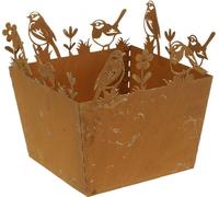Pot en métal avec motif d'oiseaux - Cache-pot décoratif de printemps en optique rouille H15,5cm - Jardin & Décoration de table