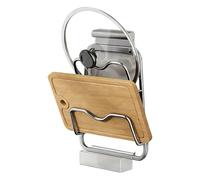 Pot Lid Organizer - Cutting Board Holder, Stainless Steel Rack, Wall-Mounted Pot Lid Storage with Drip Tray | Cutting Board and Spoon Holder for Kitchen Countertop, Stove, Space-Saving Organizer