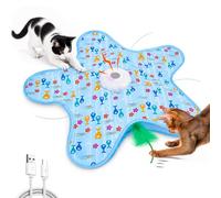 Potaroma Jouet Cache-Cache Automatique pour Chat avec Plume | Tapis étoile à poissons bleus, plume mobile à 360° et batterie rechargeable par USB, pour chats d’intérieur