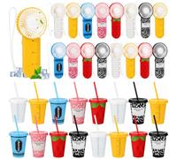Potchen Lot de 32 cadeaux pour enseignants de rentrée scolaire en vrac, 16 mini éventails à main et 16 gobelets en plastique de 473,6 g avec couvercles et pailles pour le premier jour d'école, cadeau