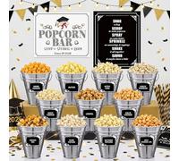 Potchen Lot de 32 fournitures de bar à popcorn pour fête de remise de diplôme de classe 2026, décoration de buffet de bonbons, 2 panneaux de bar à popcorn en papier avec 12 seaux à collation en métal