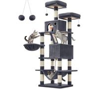 Poteau à griffer pour chat Feandrea, 168 cm de haut, arbre à chat en L avec 13 poteaux à griffer, 2 plateformes, 2 grottes, panier, hamac, boules en peluche, poteau à griffer multi-niveaux, gris fumé,