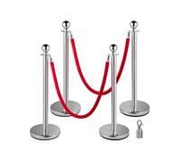 Poteau de Guidage Séparation d'Argent 4 Pcs avec 1,5 m Corde Velours Rouge