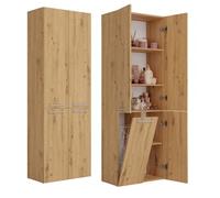 CDF Armoire Haute Salle de Bain Meuble Colonne de Salle de Bain Armoire de Rangement à 4 Portes avec Etagère Réglable pour Salon Cuisine - 60x30x174 cm Chêne Artisan - 1 Panier à Linge
