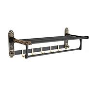 Poteau pour Serviette Étagères de Salle de Bain, étagère Flottante avec Barre Porte-Serviettes et 5 Crochets, Rangement Mural rétro Noir, Aluminium Multifonction