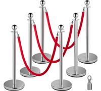 Poteaux de délimitation en inox, lot de 6 - système de guidage de personnes avec corde en velours rouge - stable pour l'intérieur et l'extérieur - idéal pour les événements, hôtels, théâtres