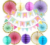 POTFGUI Décoration d'anniversaire réutilisable, guirlande Happy Birthday, guirlande de fanions, boules en nid d'abeille, pompons, décoration d'anniversaire d'enfant, décoration d'anniversaire pour