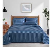 Pothuiny Parure de lit 6 pièces en Satin rayé, Grand lit, Bleu Silex, Soyeux de Luxe, 1 Drap-Housse + 1 Plat + 4 taies d'oreiller