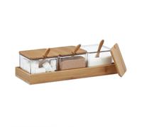 Pots À Épices, Lot De 3, Bocaux Avec Cuillère Et Couvercle, Plastique, Bambou, Plateau, Cuisine, Transparent - Relaxdays
